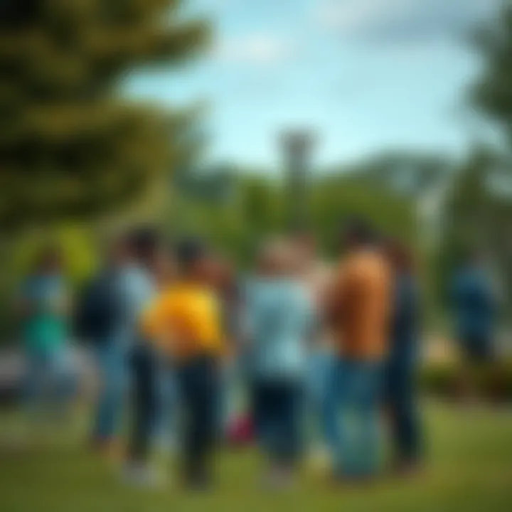 A group of diverse people gathering to help each other, showing support and collaboration in a local park.