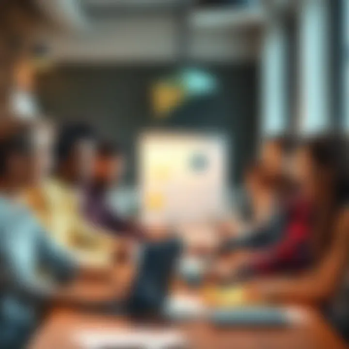 A group of diverse people brainstorming ideas for a school project at a table with papers and laptops.