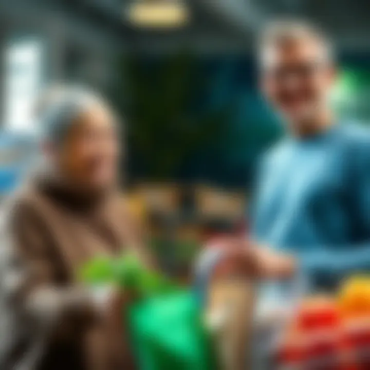 A smiling person helping an elderly neighbor with groceries, showing kindness and community support.