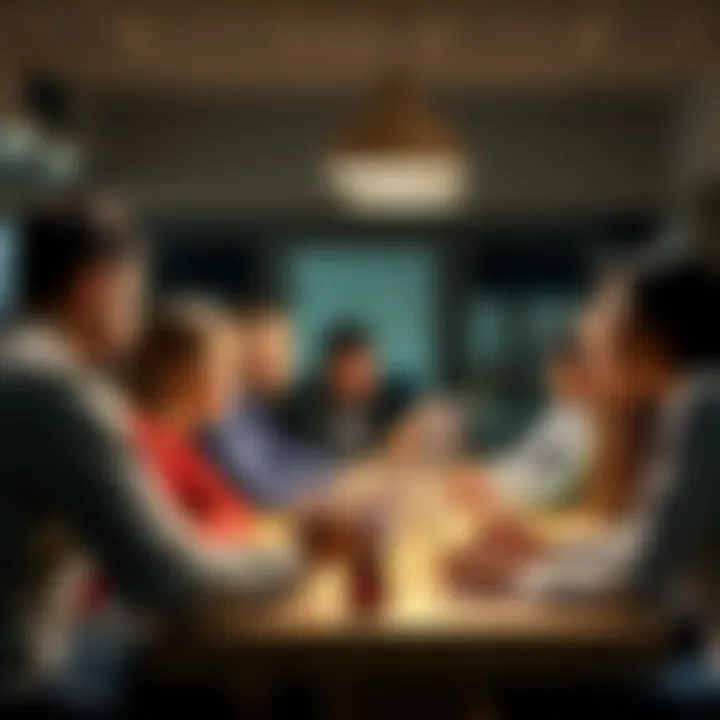 A diverse group of people gathered around a table, discussing and exchanging ideas to solve a community issue.
