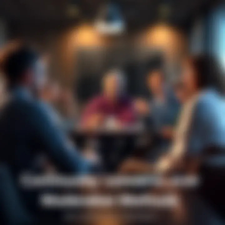 A group of people sitting around a table, engaged in a serious discussion about moderation practices in their community forum.