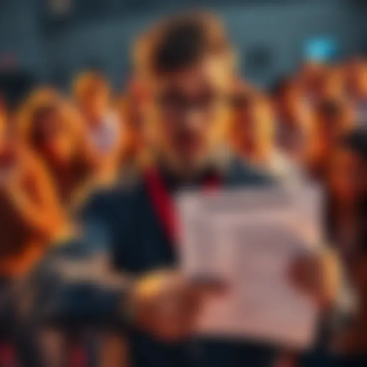 A community moderator pointing at a printed set of posting rules with concerned forum members in the background