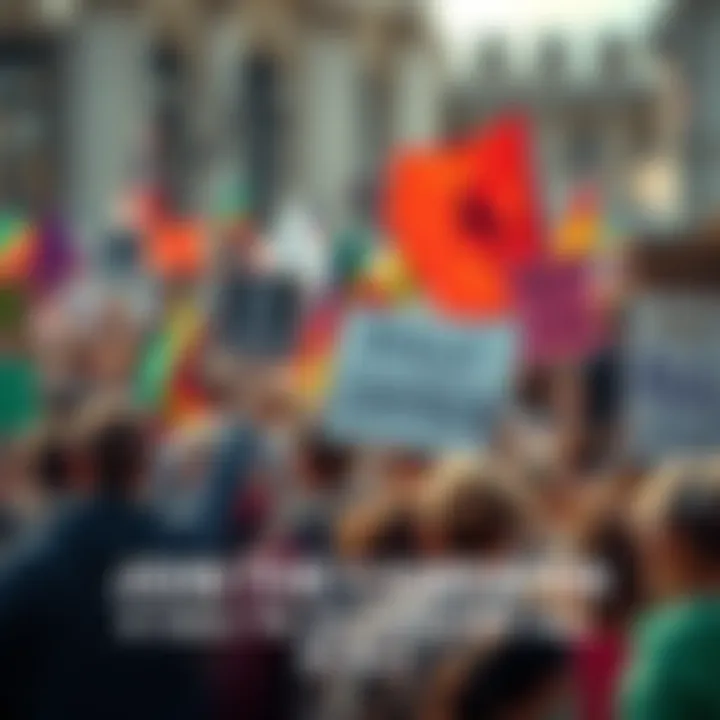 A diverse group of people holding signs at a community rally, encouraging participation and action.