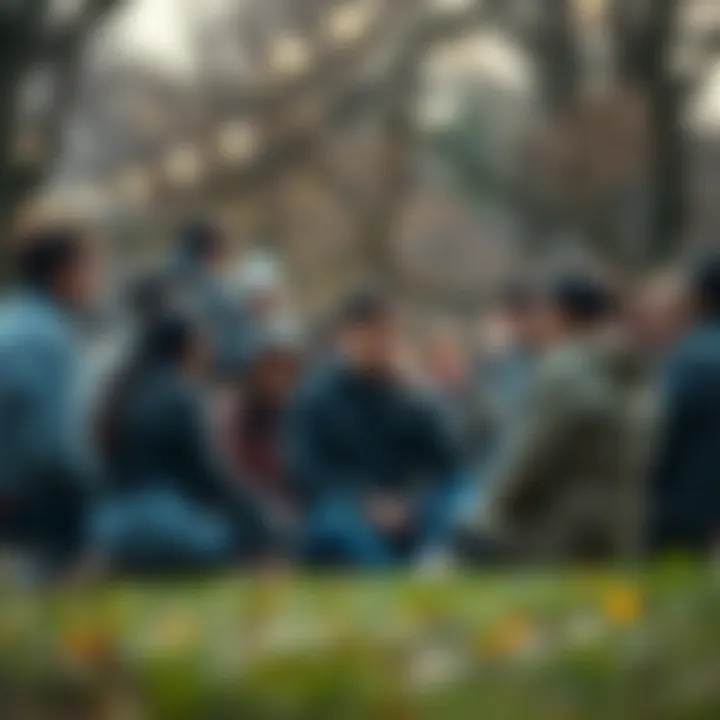 A group of people gathered in a park discussing the impact of a controversial figure's death, with mixed expressions of sadness and contemplation.