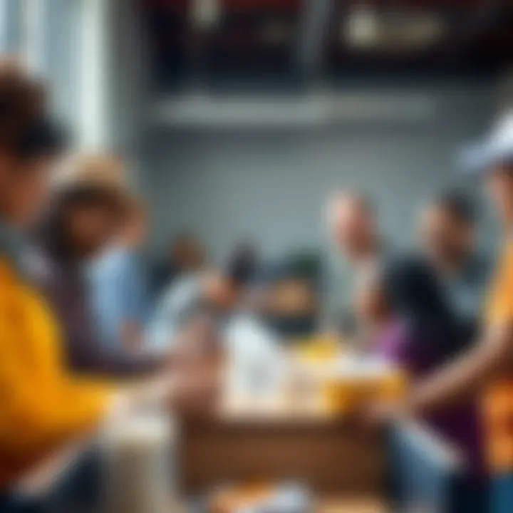 A group of diverse individuals volunteering together, helping others in a community setting.