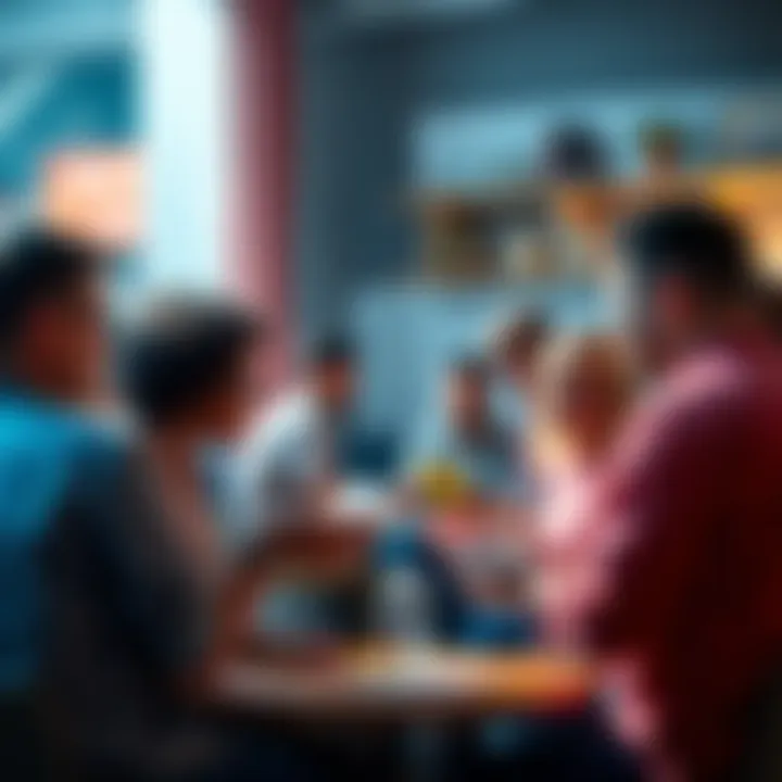 A diverse group of people exchanging stories in a lively discussion setting, showcasing their unique insights and experiences.