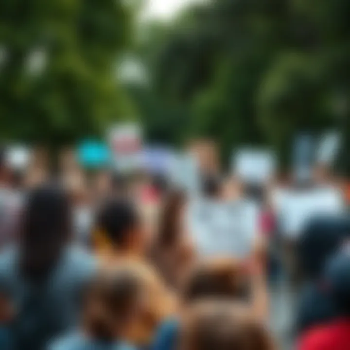Community members gathered for a cause A diverse group of people gathered in a park holding signs in support of various social causes, showing unity and collaboration.