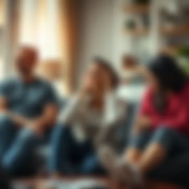 A woman sits on a couch, looking contemplative while holding her head in her hands, surrounded by supportive friends. They are sharing their emotions and offering comfort during a difficult time relat...