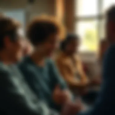 A group of diverse people engaged in a community training session, sharing ideas and practicing gratitude.
