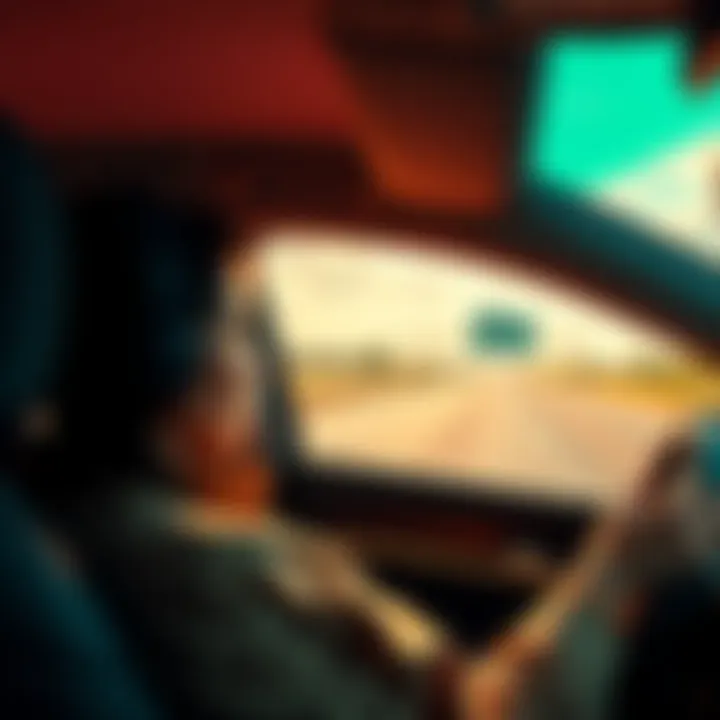 A commuter in a car looking at the Spotify app, which shows a Russian song playing, with a highway mile marker visible outside the window.