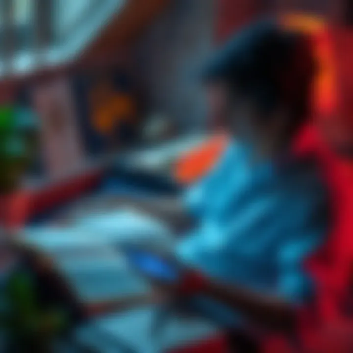 A person sits with open spiritual texts from various religions, contemplating their teachings with a digital tool nearby.