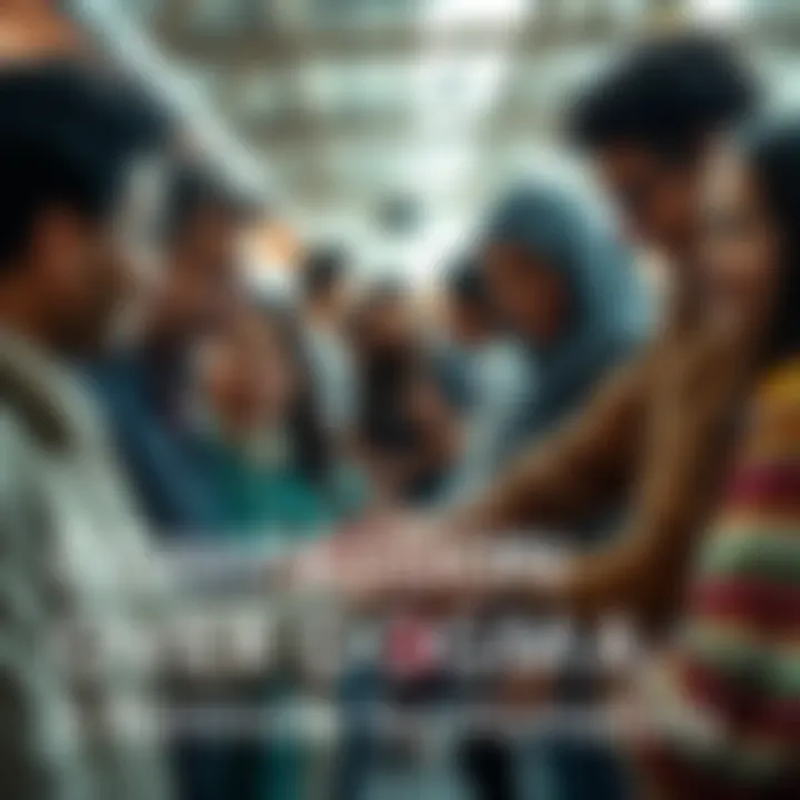 A diverse group of people helping one another and sharing smiles in a community setting.