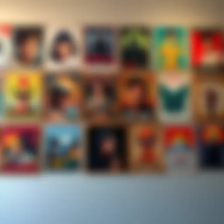 A collection of colorful posters displayed on a wall, showcasing various artistic styles and themes.
