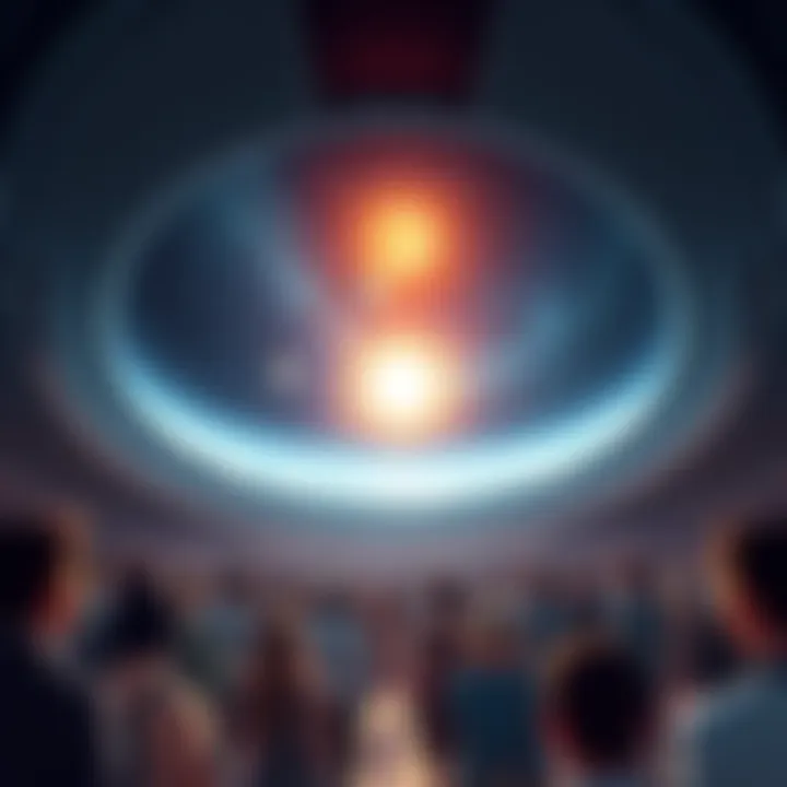 Illustration showing a view of a concave Earth with stars and the sun inside a curved space above. Many people are looking up in wonder.