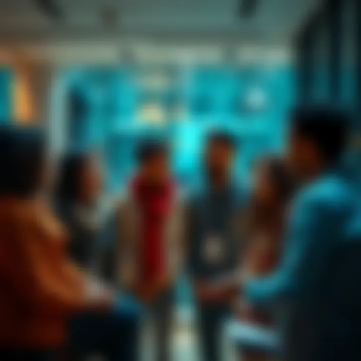 A diverse group of people discussing beliefs and faith in a modern setting.