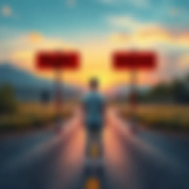 A person standing at a crossroads, contemplating decisions with symbolic signs indicating 'Right' and 'Wrong', in a serene outdoor setting.