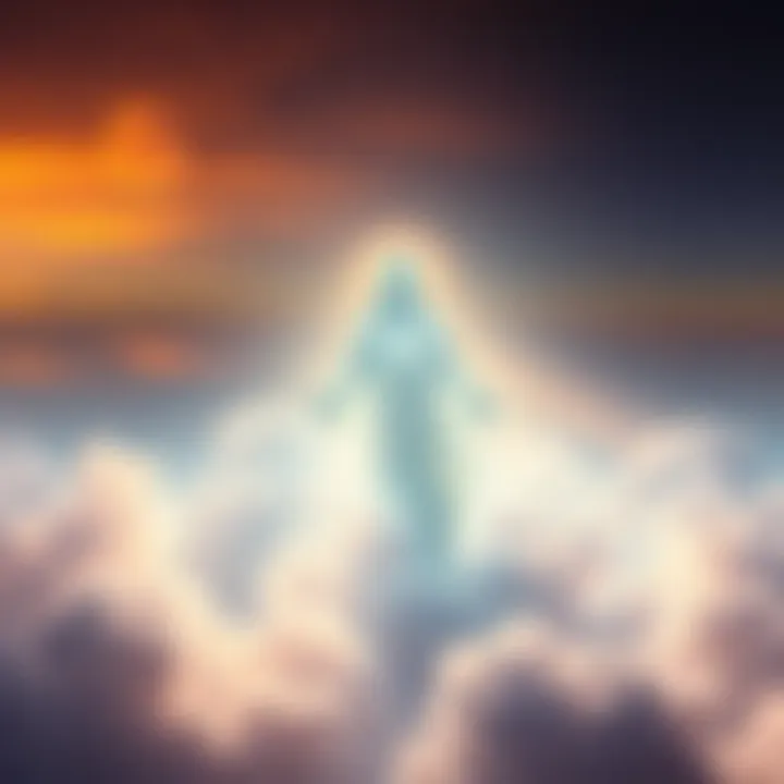 Concept of God A glowing figure representing a supreme being, surrounded by light and clouds, symbolizing consciousness.