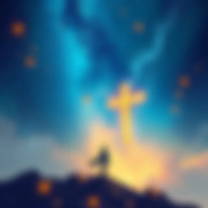 An illustration showing a person contemplating the universe, with stars and a cross in the background representing spirituality and questions about life after death.