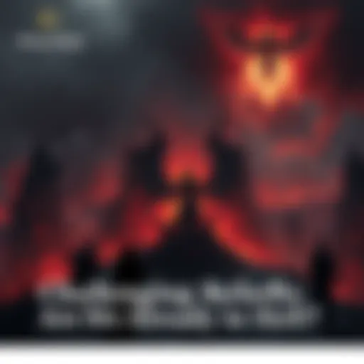 A dark, fiery landscape representing hell, with shadowy figures and symbols of deception surrounding a central figure resembling Lucifer, questioning traditional beliefs.