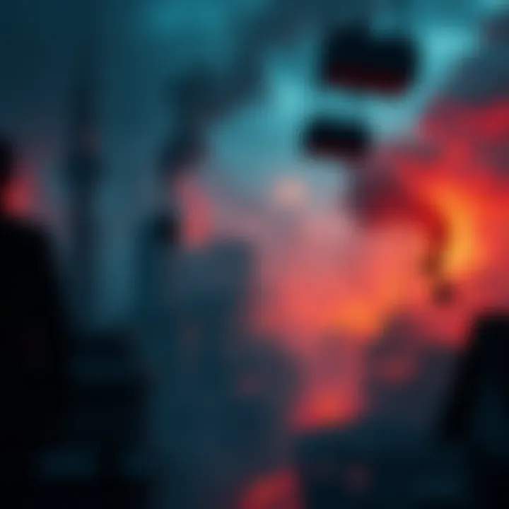 A dark, chaotic city scene depicting suffering, control, and despair, representing the idea of living in hell.