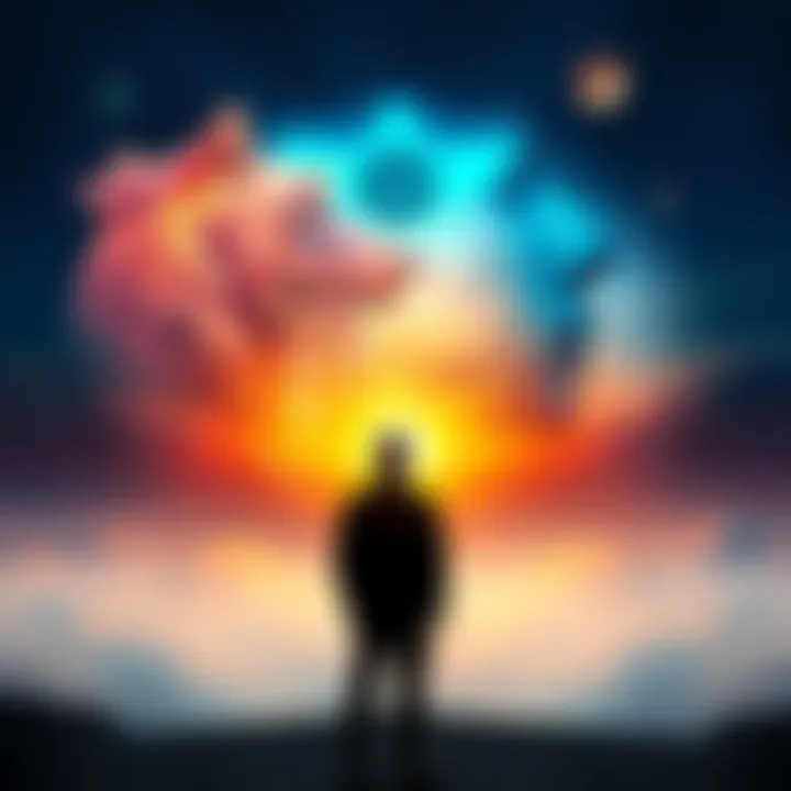 A tranquil scene depicting a silhouette of a person contemplating life, with imagery of a human and an animal representing rebirth in the background.