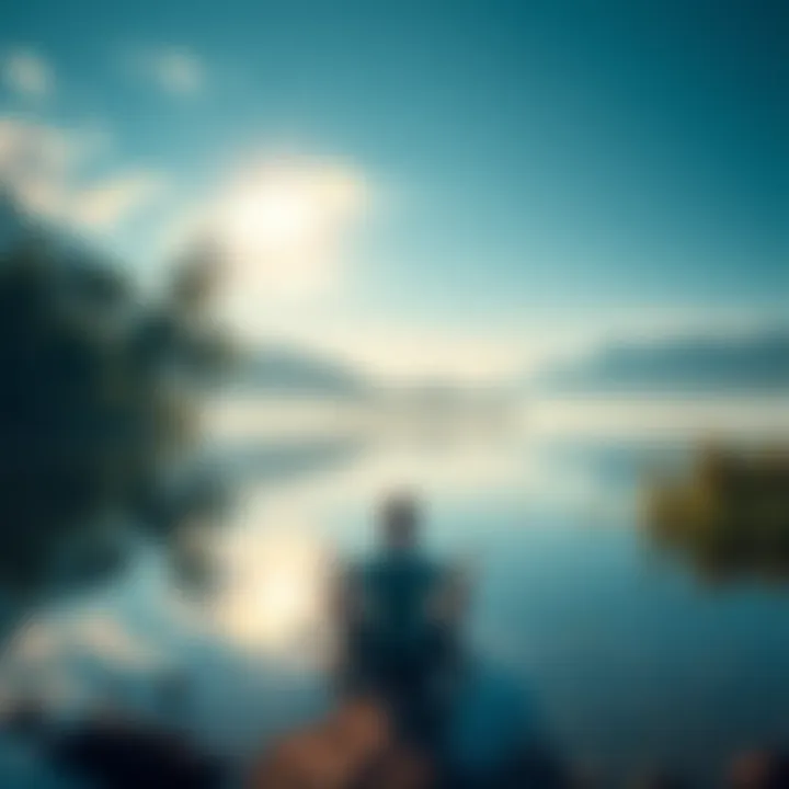 A tranquil scene representing the idea of self in Advaita, showing a serene figure meditating by a calm lake surrounded by nature, reflecting on the nature of existence.