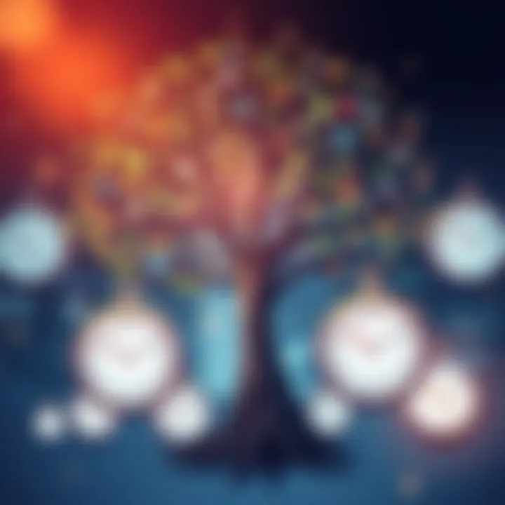 An illustration showing a tree with branches labeled past, present, and future, surrounded by clocks representing different times.