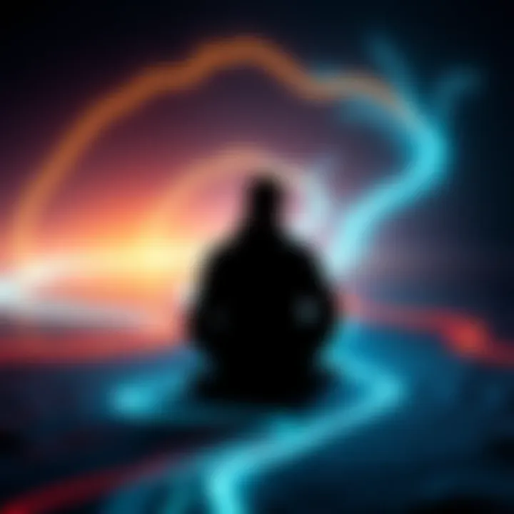 A person sitting in contemplation surrounded by dark and light paths, symbolizing the ideas of God and nothingness