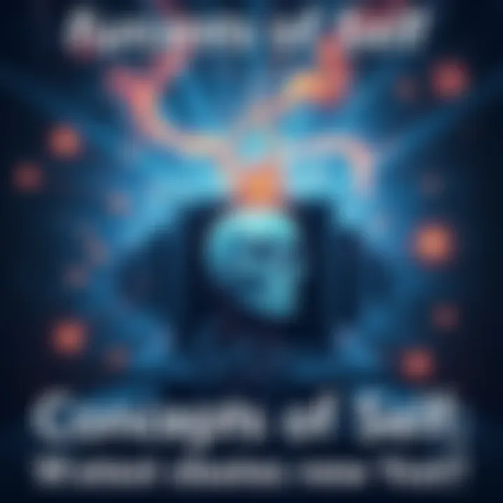 Concepts of Self Illustration showing the different aspects of identity including Iself, Allself, and Godself intertwined with a cosmic background.