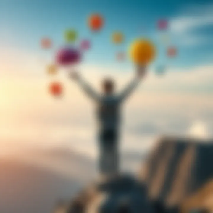 A person stands on a mountain top, arms raised, surrounded by colorful thought bubbles representing ideas and beliefs, symbolizing the power of concepts.