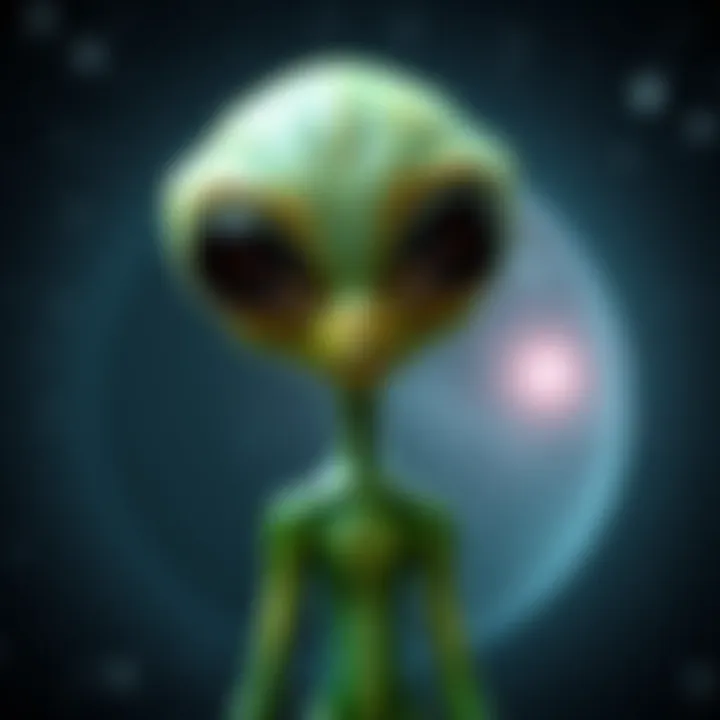 A green alien with large eyes and a slender body, standing in a starry background