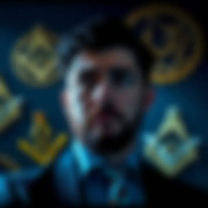 A man looking thoughtful, surrounded by Freemasonry symbols, reflecting on his feelings about joining the organization.
