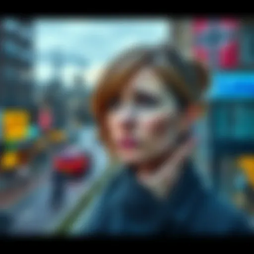 A mother in Sweden looks worried while contemplating parenthood, with a backdrop of city life showing signs of economic and environmental stress.