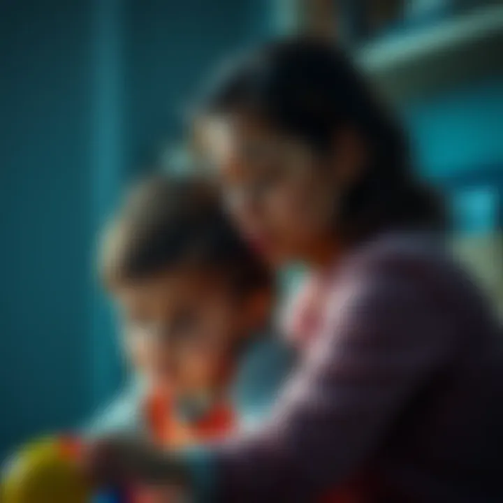 A worried mother watches her child play, looking thoughtful and anxious about the future.