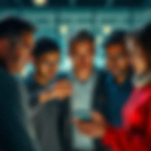 A group of people discussing and pointing at a news article on a smartphone, showing expressions of concern and curiosity.