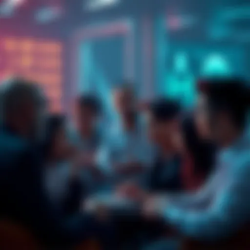 A group of people debating the consequences of AI and robotics on jobs and society, highlighting fears of economic inequality and a future dominated by technology.