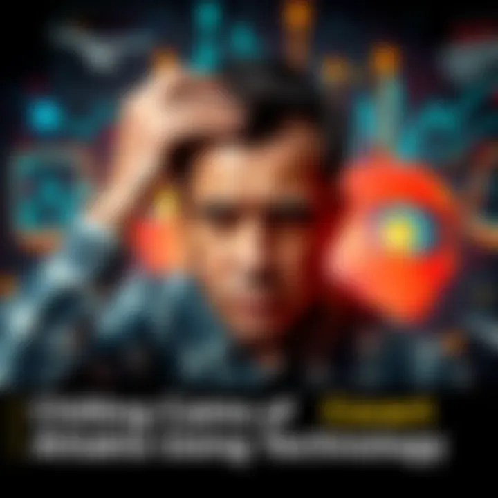 A worried individual holding their head, showing signs of anxiety, surrounded by abstract representations of technology and surveillance.