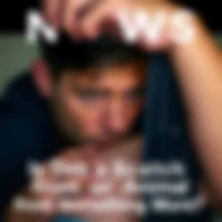 A person looks closely at a scratch on their leg, pondering its source, with a worried expression.