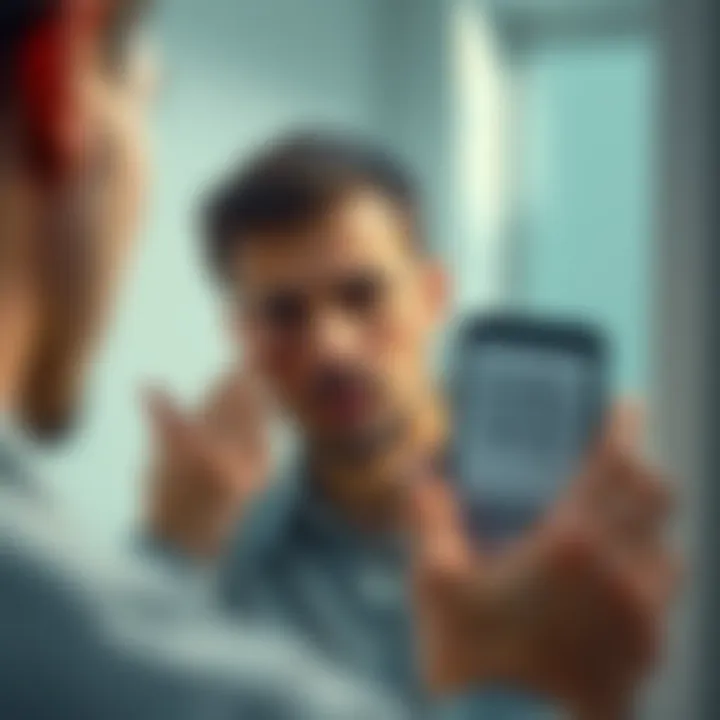 A worried person looking in the mirror, touching a visible lump on their face, while holding a phone with a canceled appointment notice