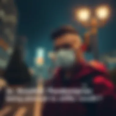 A worried individual in a mask stands under a streetlight, with a city skyline behind them, symbolizing fears of a new pandemic and increased control.