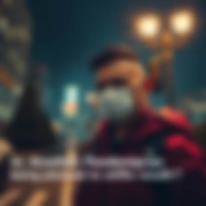 A worried individual in a mask stands under a streetlight, with a city skyline behind them, symbolizing fears of a new pandemic and increased control.