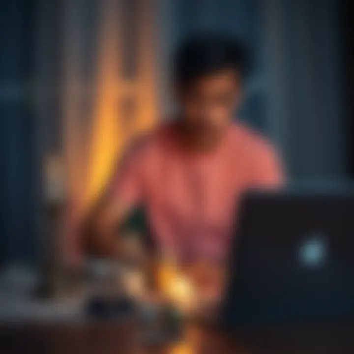 A person sits at a table with a candle, crystals, and a laptop showing an Etsy page, looking worried after buying a love spell.