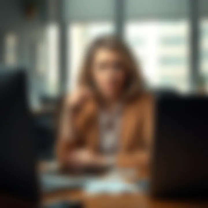 A middle-aged woman looking worried while sitting at a desk, reflecting on her experiences with unwanted attention.