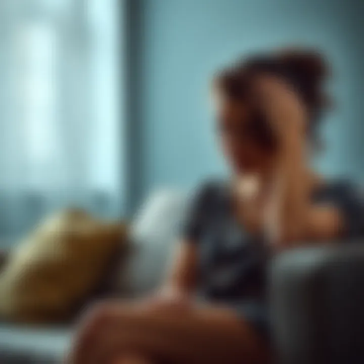 A woman with a worried expression sits on a couch, holding her head in her hands, reflecting on her troubling experience after a casual encounter.