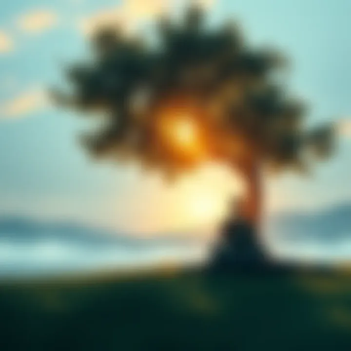 A peaceful scene with a person meditating under a tree, contemplating future spiritual paths