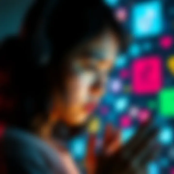 A worried person looking at their phone, with social media icons and bot symbols in the background, reflecting concerns about misinformation and desensitization.