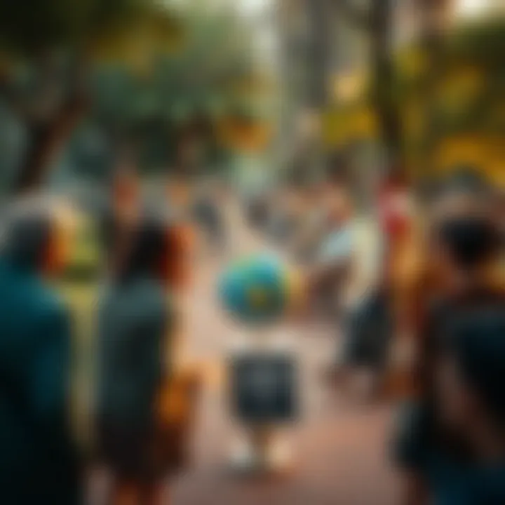 A group of people discussing fears about the year 2030 in a park, with a globe and signs about climate issues and resources nearby.