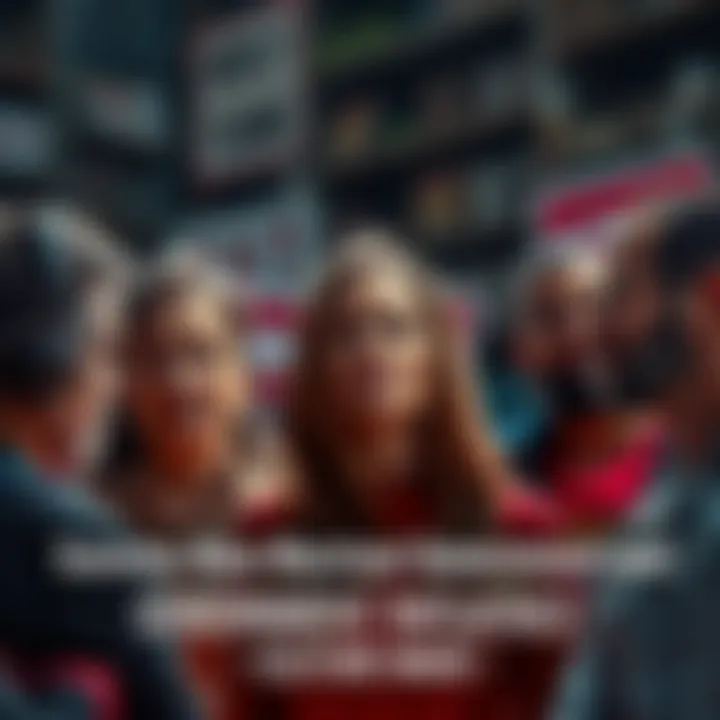 A concerned group of people discussing government and entertainment industry influences with worried expressions, surrounded by signs of division in society.