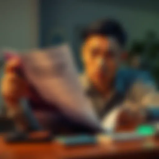 A person looking worried while examining a brochure about Transcendental Meditation and its high consultation fees, with a calculator on the table