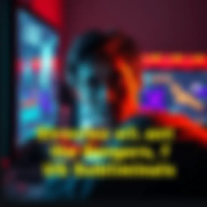 Concerns About UG Subliminals A person looking anxiously at a computer screen with subliminal messages. The screen shows abstract graphics and text hinting at harmful content.